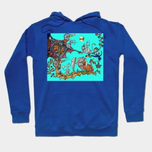 WEIRD MEDIEVAL BESTIARY WAR Between Snails and Killer Rabbits ,Lion,Centaur Knight in Blue Turquoise Hoodie